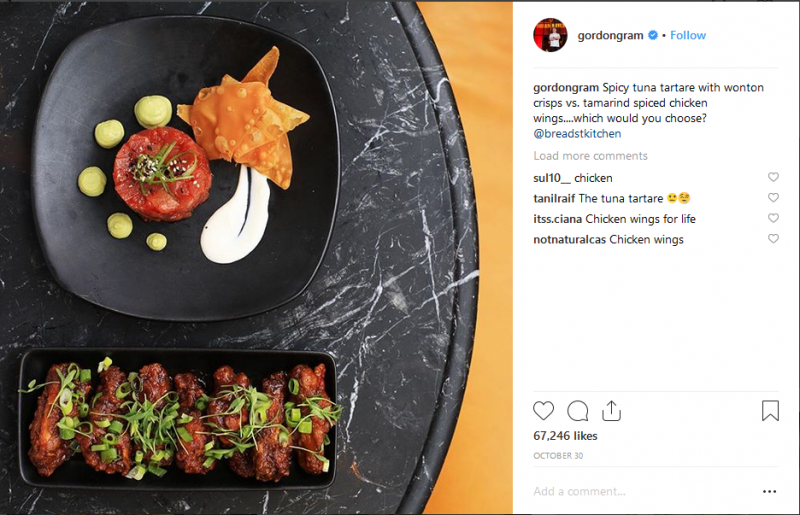 gordon ramsay instagram post of tuna tartare on a black dish 
