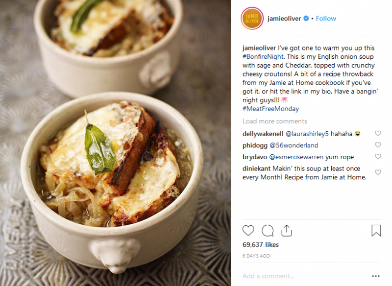 jamie oliver instagram post with two pots of soup in closeup 
