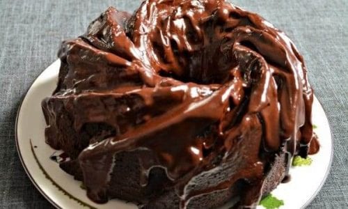 chocolate fudge macaroon bundt cake on plate seen from above